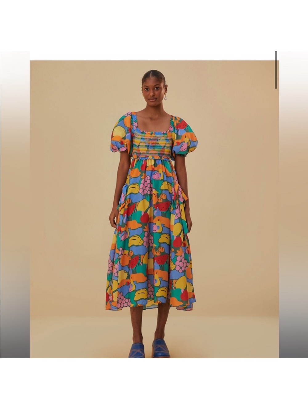 FARM Rio Multicolor Fruit-Print Puff Sleeve Midi Dress in Blue, Yellow & Pink